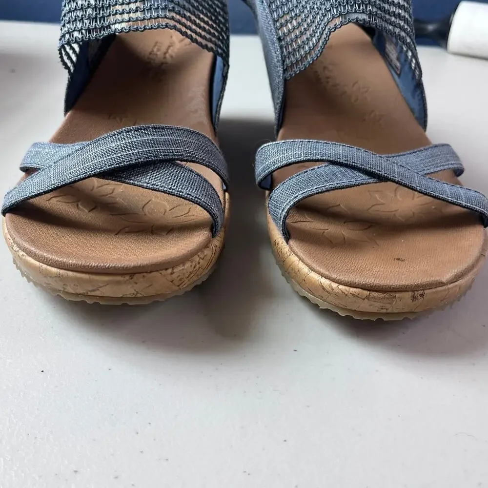 Skechers Luxe Foam Blue Strappy Wedge Sandals Womens Size 8 Cork Heel Comfort